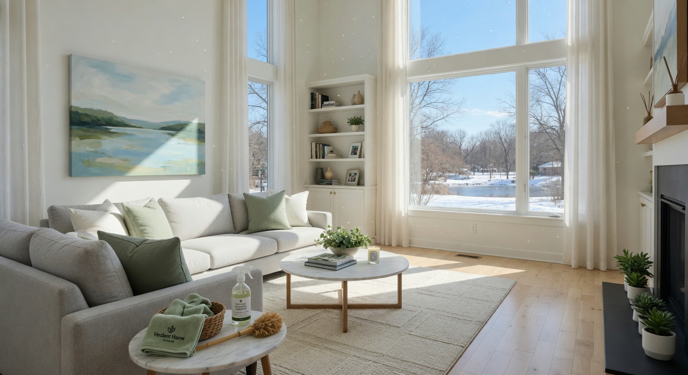 Bright, sunlit modern Minnesota living room after professional eco cleaning by Swept Away